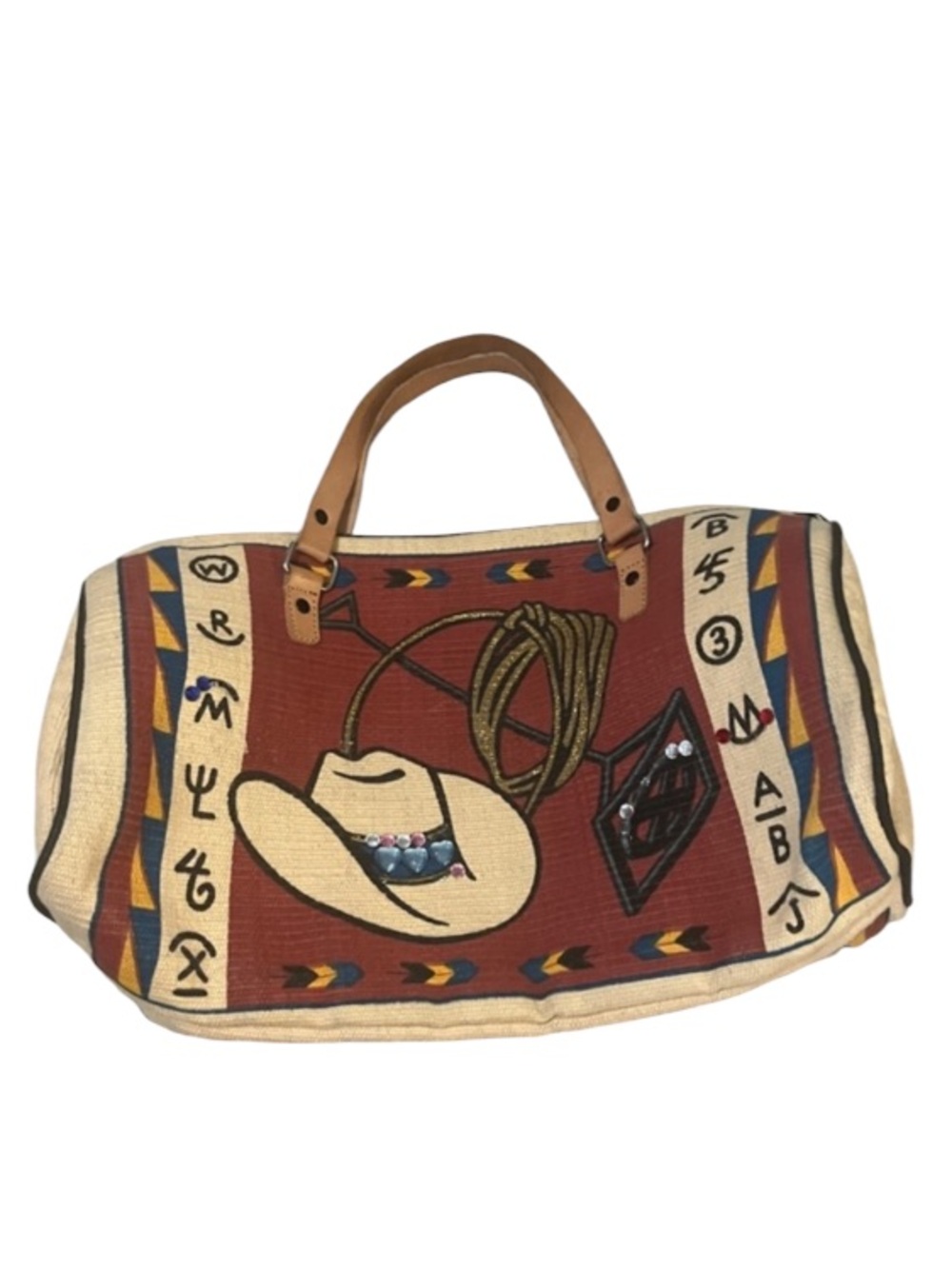 Saddle Blanket Cowboy Country-core Rust Red Embellished Rug Canvas Leather Tote